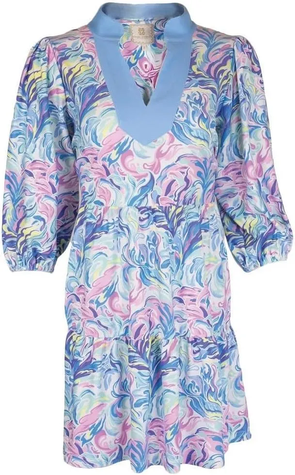 Simply Southern Women's Floral Print V-Neck Dress, 3 Patterns: Watercolor, Oyster, Reef, 3/4 Sleeve