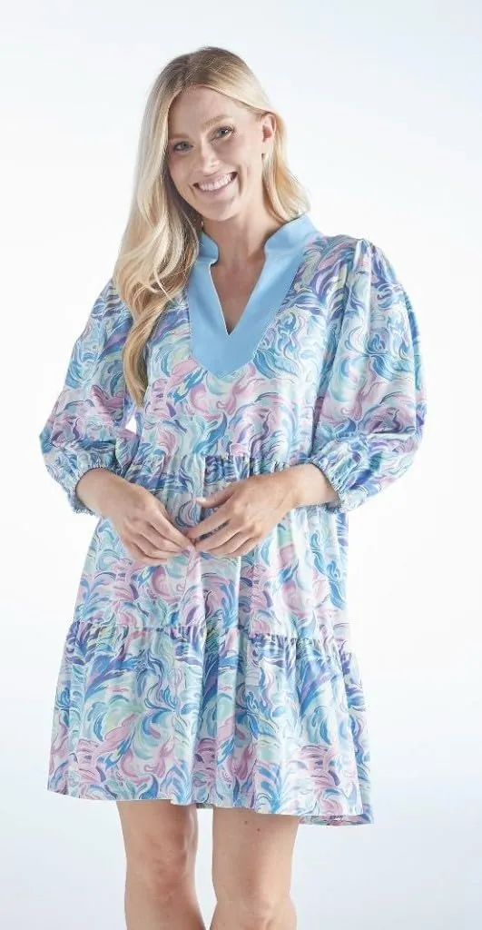 Simply Southern Women's Floral Print V-Neck Dress, 3 Patterns: Watercolor, Oyster, Reef, 3/4 Sleeve