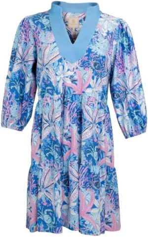 Simply Southern Women's Floral Print V-Neck Dress, 3 Patterns: Watercolor, Oyster, Reef, 3/4 Sleeve