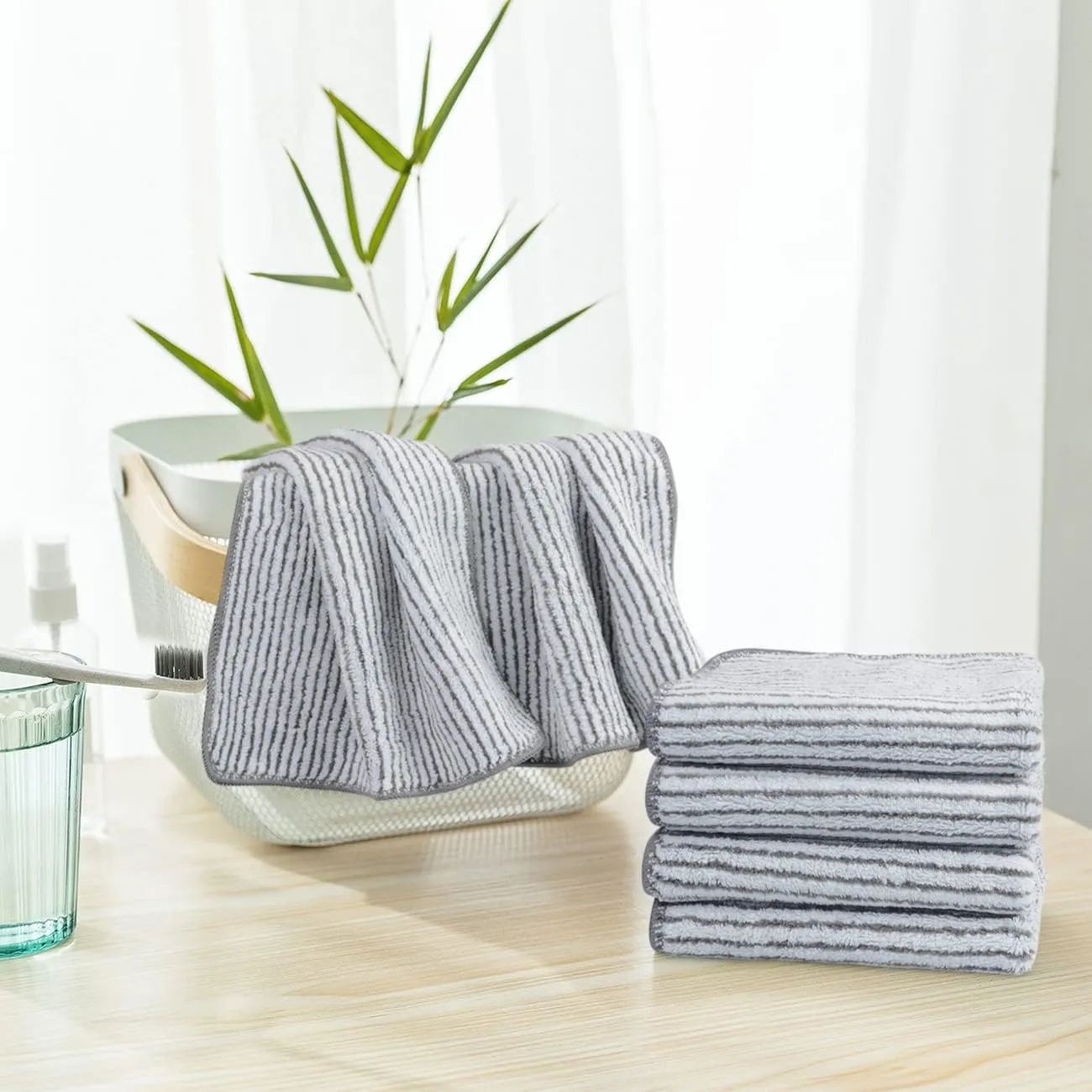 SINLAND Microfiber Face Towels Ultra Soft Facial Washcloths Face Cloth 12Inch x 12Inch 12 Pack Grey Stripe