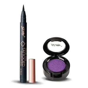 Skone Cosmetics Tattooed Eyeliner & Gems Eyeshadow Bundle Duo - Smudge-Proof Tattoo Eyeliner & Long-Lasting, Ultra-Blendable Eye Shadow Makeup - Purple Eyeshadow & Black Waterpoof Eyeliner
