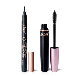 Skone Cosmetics Tattooed Eyeliner & Waterproof Mascara Bundle Duo - Pigmented Liquid Eye Liner & Quality-Smudge Proof Lashes Volumizing Mascara - Black Waterproof Eyeliner and Mascara Set