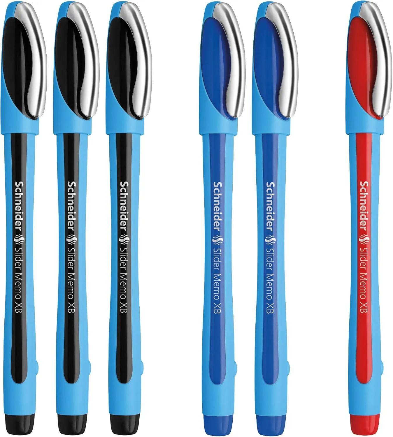 Slider Memo XB Ballpoint Pens by Schneider, Extra Bold Point, 6 Pens, Includes 3 Black 2 Blue 1 Red