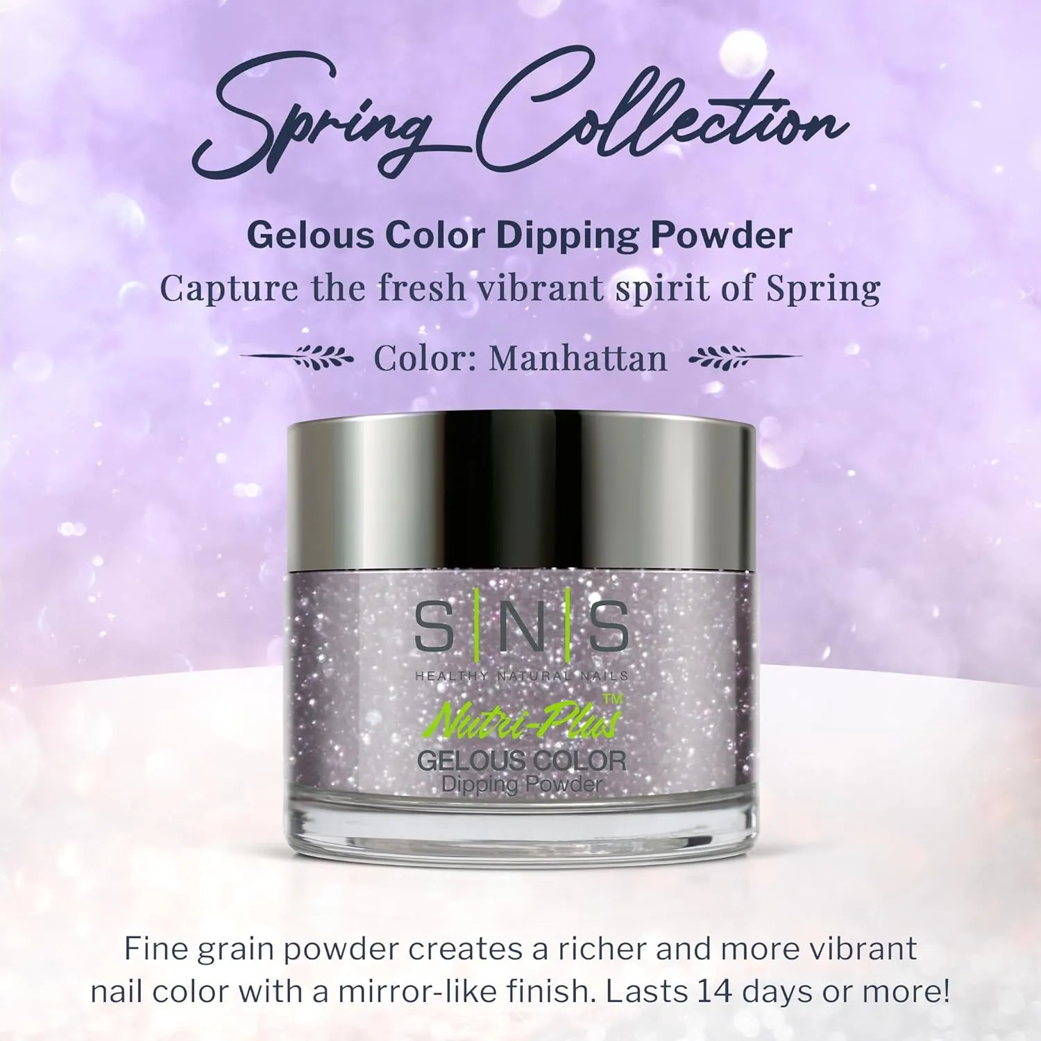SNS Nail Dip Powder, Gelous Color Dipping Powder - Manhattan (Metallics Gray/Silver, Shimmer) - Long-Lasting Dip Nail Color Lasts 14 Days - Low-Odor & No UV Lamp Required - 1 OZ