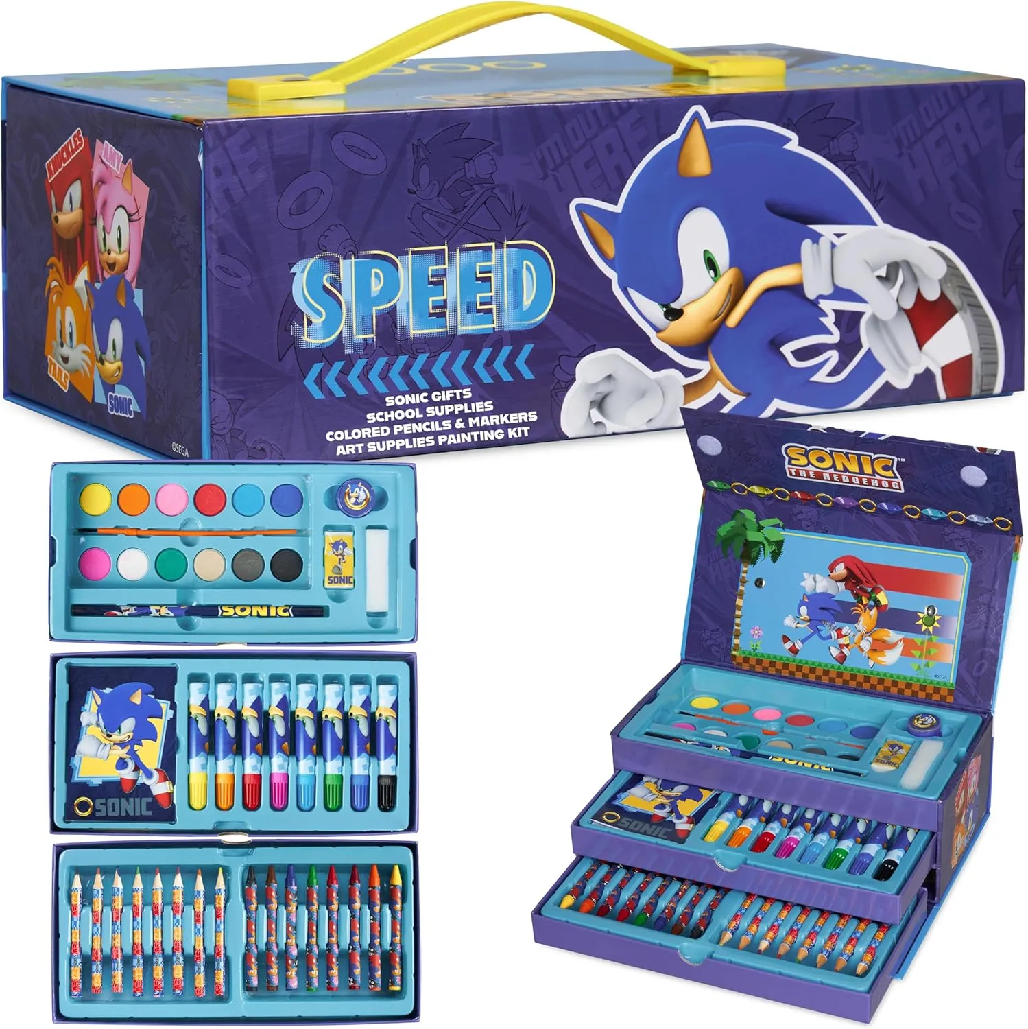 Sonic The Hedgehog Colored Pencils Art Supplies Kids Drawing Kit School Supplies Set Coloring Painting Kit Girls Drawing Pencils Travel Case with Crayons Arts and Crafts for Kids 4-12