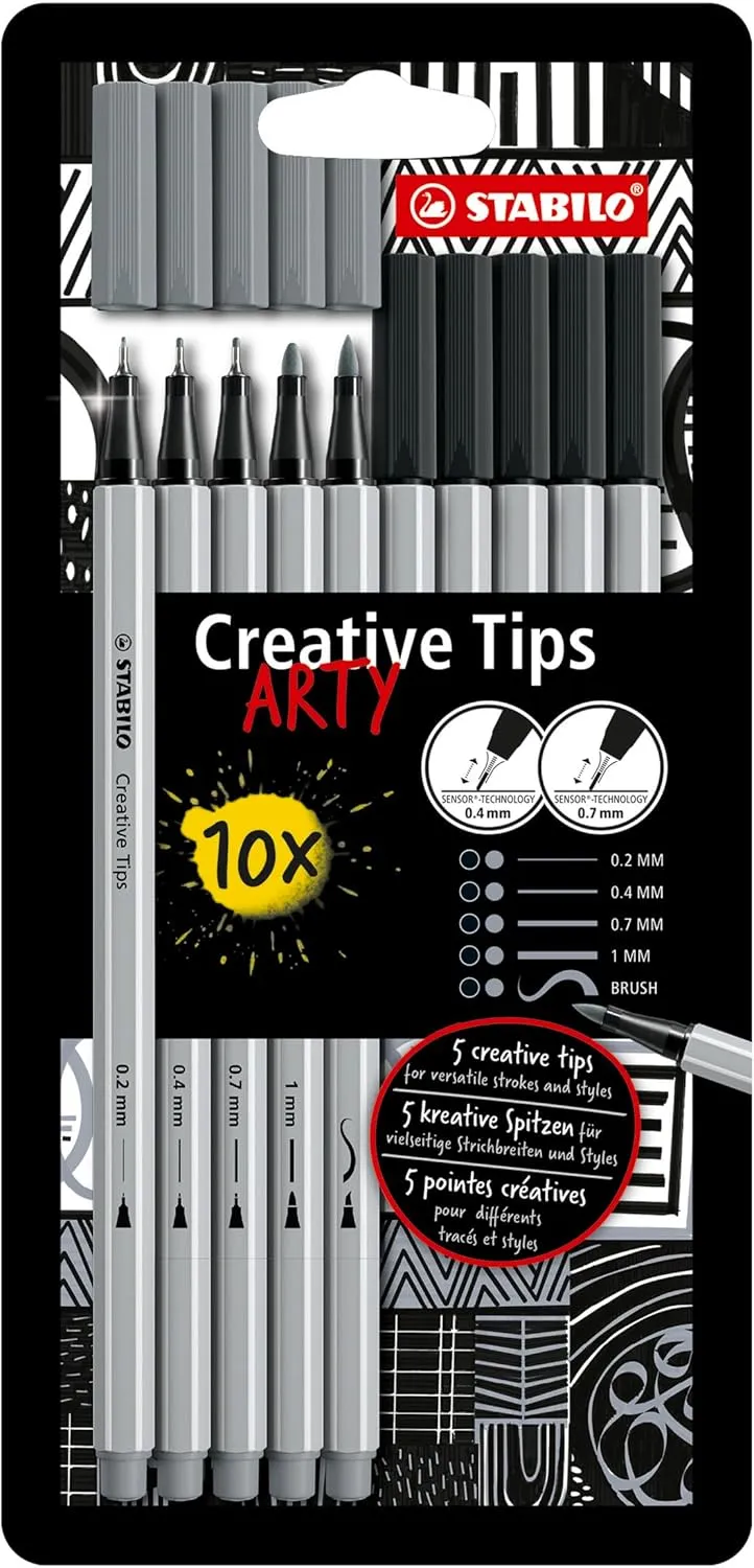 STABILO Multi-Tip Pen Set Creative Tips - 10-Piece ARTY Set - Black and Light Gray Pens - Technical drawing, illustration