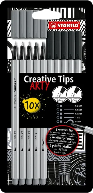 STABILO Multi-Tip Pen Set Creative Tips - 10-Piece ARTY Set - Black and Light Gray Pens - Technical drawing, illustration
