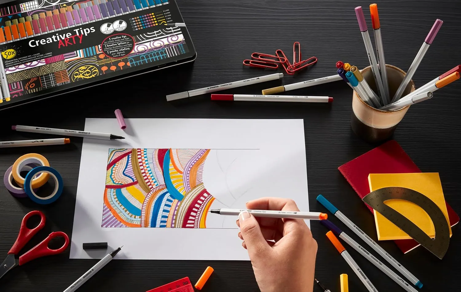 STABILO Multi-Tip Pen Set Creative Tips - 30 Piece ARTY Metal Tin Set - 6 Classic Colors - Technical drawing, illustration