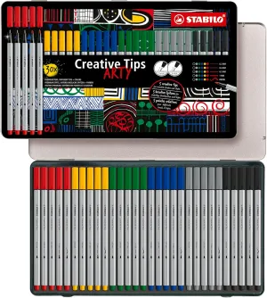 STABILO Multi-Tip Pen Set Creative Tips - 30 Piece ARTY Metal Tin Set - 6 Classic Colors - Technical drawing, illustration