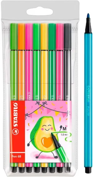 STABILO Pen 68 Fibre Tip Fineliner - 1.0mm - Avocado Set - Wallet of 8 Assorted Colours
