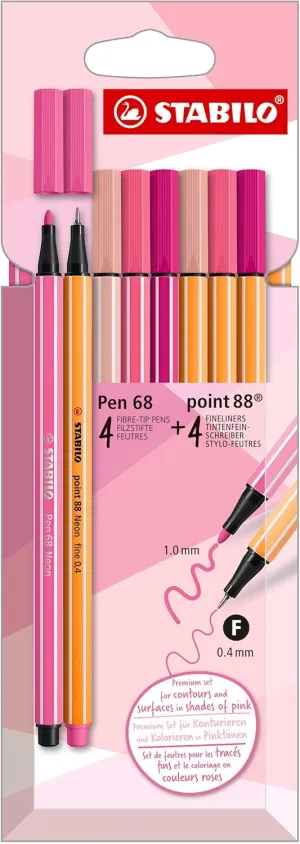 STABILO Premium Felt Tip Pens & Fineliner Pen 68 Point 88 - Shades of Pink - Pack of 8