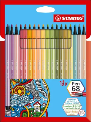 STABILO Premium Fiber-Tip Pen Pen 68 - Pack of 18 - Assorted Colors - Coloring Felt Tip Marker, Fine Point, 1mm Tip