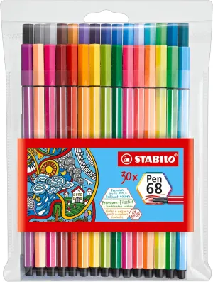 STABILO Premium Fiber-Tip Pen Pen 68 - Pack of 30 - Assorted Colors with 6 Neon Colors, Felt Tip Marker, Fine Point, 1mm Tip