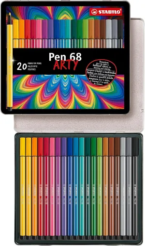 STABILO Premium Fiber-Tip Pen Pen 68 - Tin of 20 - Assorted Colors, Coloring Felt Tip Marker, Fine Point, 1mm Tip