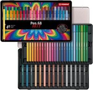 STABILO Premium Fiber-Tip Pen Pen 68 - Tin of 40 - Assorted Colors, Coloring Felt Tip Marker, Fine Point, 1mm Tip