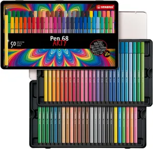 STABILO Premium Fiber-Tip Pen Pen 68 - Tin of 50 - Assorted Colors, Coloring Felt Tip Marker, Fine Point, 1mm Tip