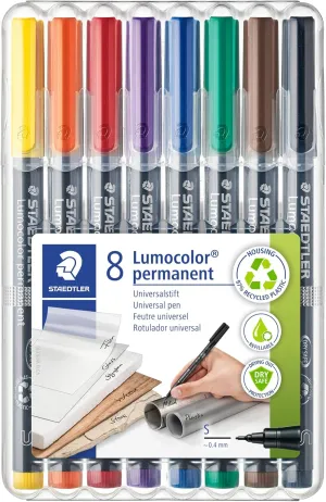Staedtler Lumocolor Universal Pen, Felt Tip, Permanent Marker, Box of 8 Assorted Color Pens, 0.4mm 313 WP8