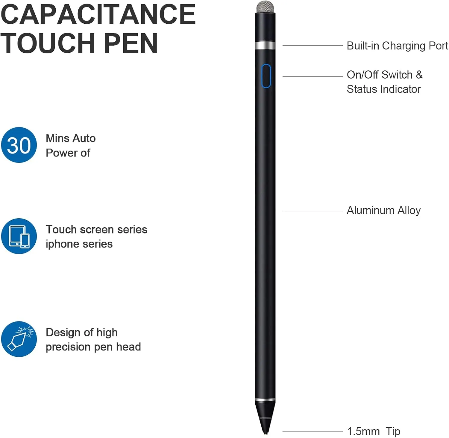 Stylus Pen for Touchscreen - 1.5mm Ultra-Fine Tip Stylus Pen for iPad Pro, Air | Magnetic Cap | 12H Battery | No Bluetooth | Compatible with iPhone, Android, Chromebook, Tablets (Black)