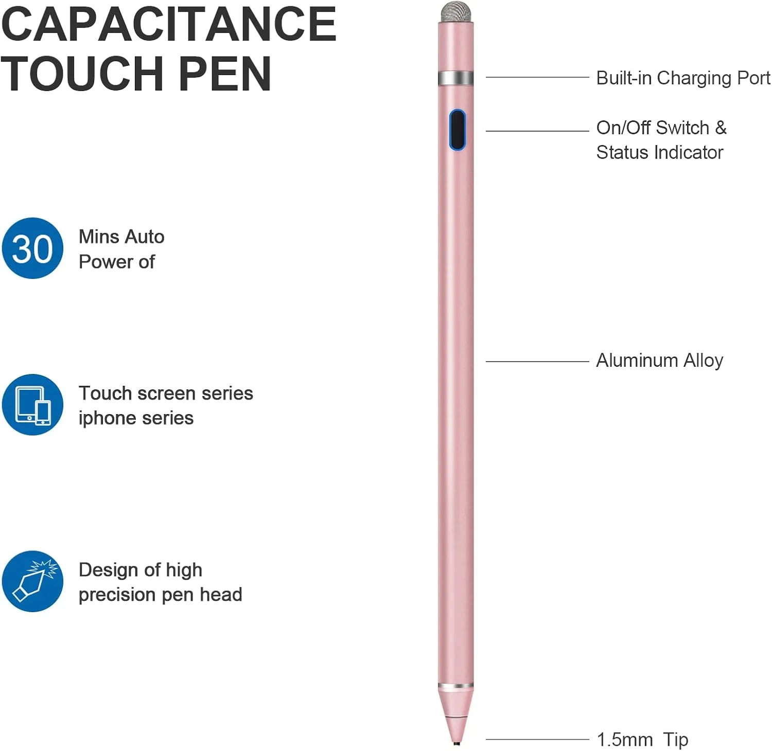Stylus Pen for Touchscreen - 1.5mm Ultra-Fine Tip Stylus Pen for iPad Pro, Air | Magnetic Cap | 12H Battery | No Bluetooth | Compatible with iPhone, Android, Chromebook, Tablets (Gold)