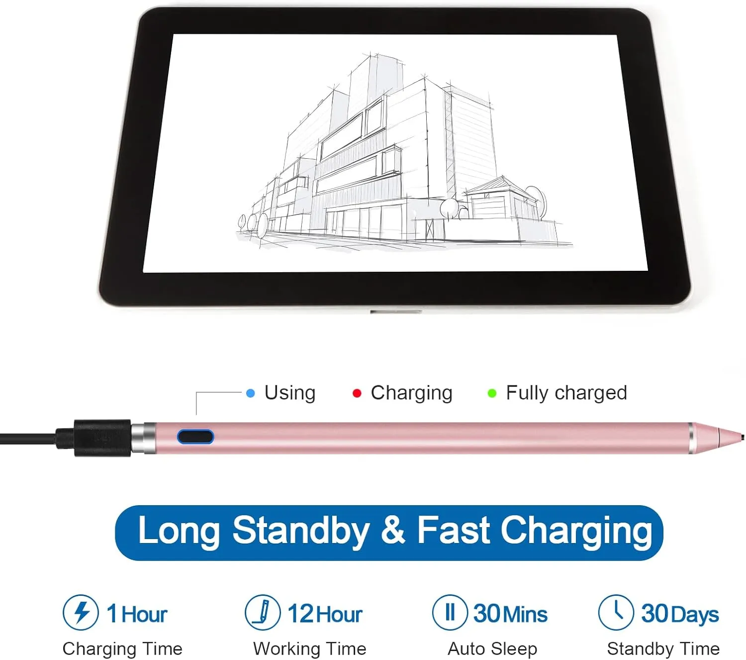 Stylus Pen for Touchscreen - 1.5mm Ultra-Fine Tip Stylus Pen for iPad Pro, Air | Magnetic Cap | 12H Battery | No Bluetooth | Compatible with iPhone, Android, Chromebook, Tablets (Gold)