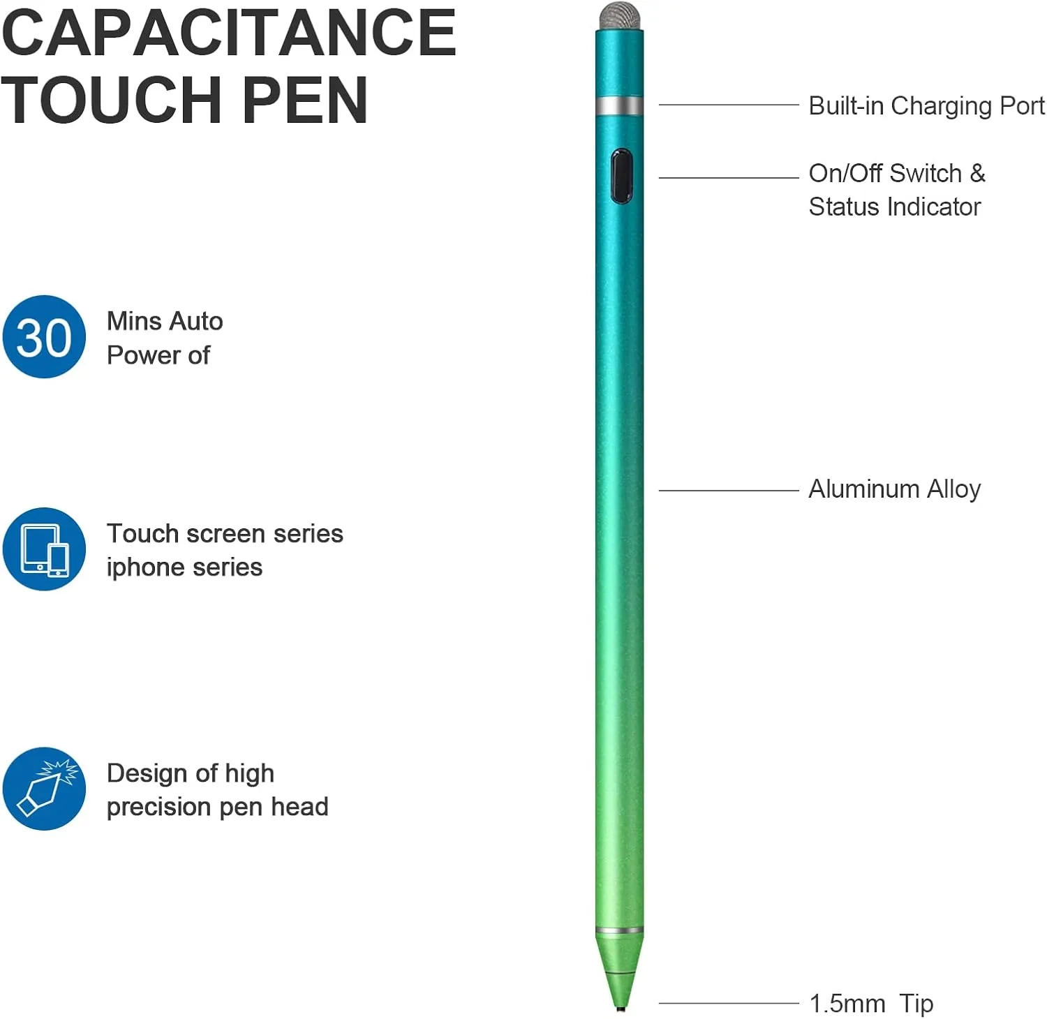 Stylus Pen for Touchscreen - 1.5mm Ultra-Fine Tip Stylus Pen for iPad Pro, Air | Magnetic Cap | 12H Battery | No Bluetooth | Compatible with iPhone, Android, Chromebook, Tablets (Gradient Blue Green)
