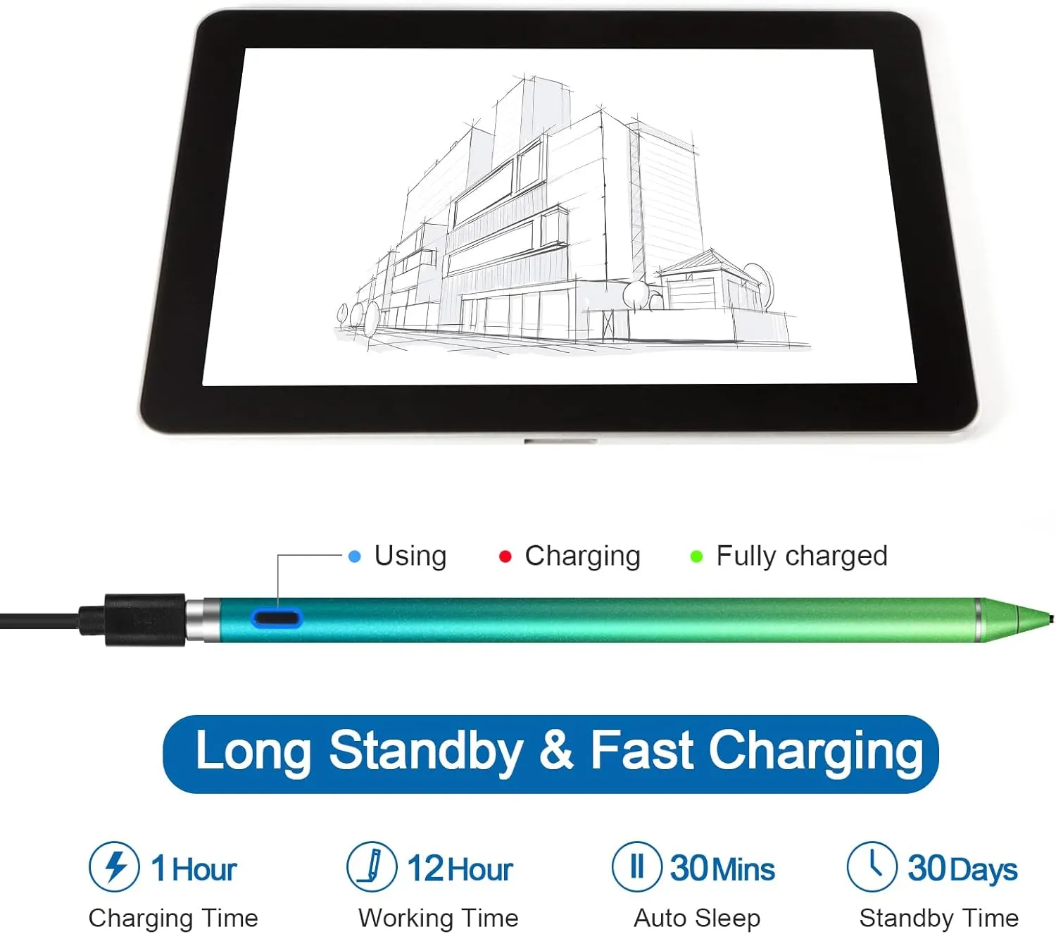 Stylus Pen for Touchscreen - 1.5mm Ultra-Fine Tip Stylus Pen for iPad Pro, Air | Magnetic Cap | 12H Battery | No Bluetooth | Compatible with iPhone, Android, Chromebook, Tablets (Gradient Blue Green)
