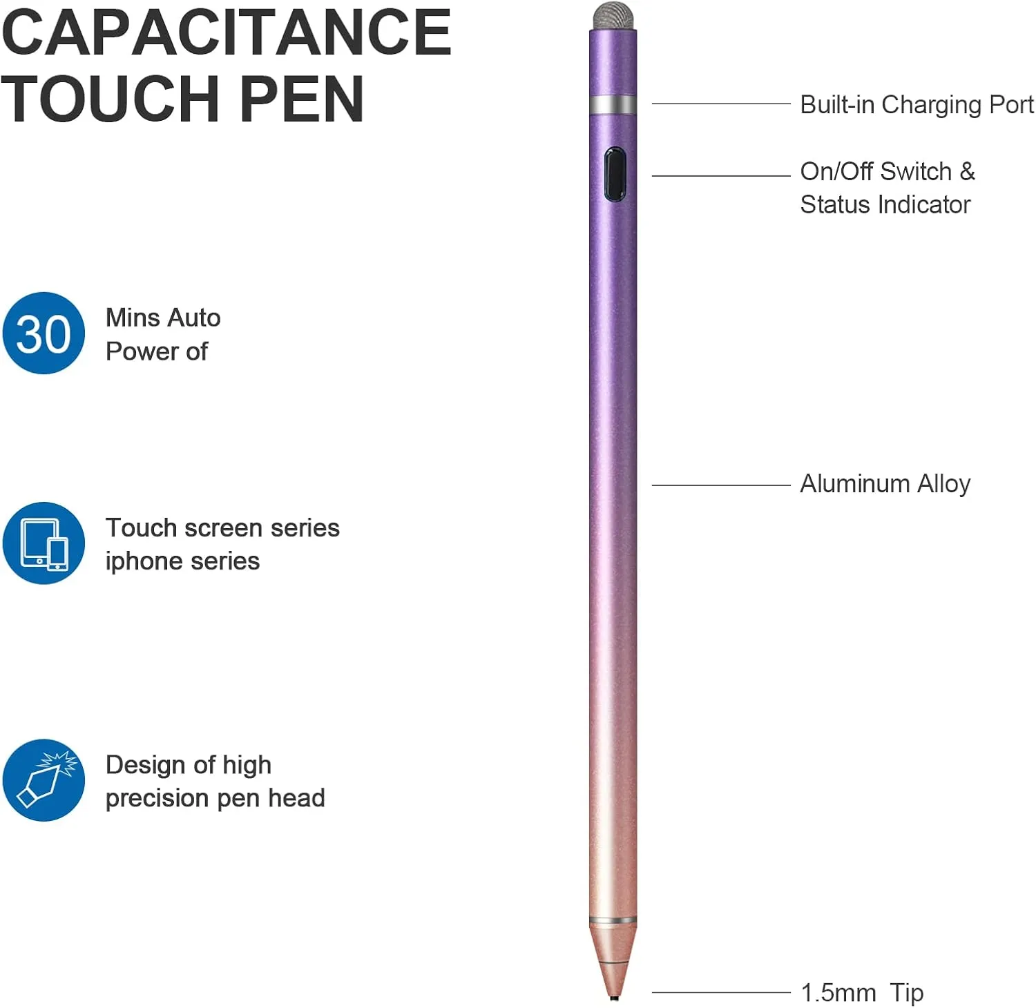 Stylus Pen for Touchscreen - 1.5mm Ultra-Fine Tip Stylus Pen for iPad Pro, Air | Magnetic Cap | 12H Battery | No Bluetooth | Compatible with iPhone, Android, Chromebook, Tablets (Gradient red Purple)