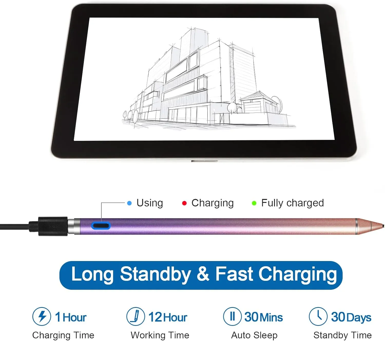 Stylus Pen for Touchscreen - 1.5mm Ultra-Fine Tip Stylus Pen for iPad Pro, Air | Magnetic Cap | 12H Battery | No Bluetooth | Compatible with iPhone, Android, Chromebook, Tablets (Gradient red Purple)