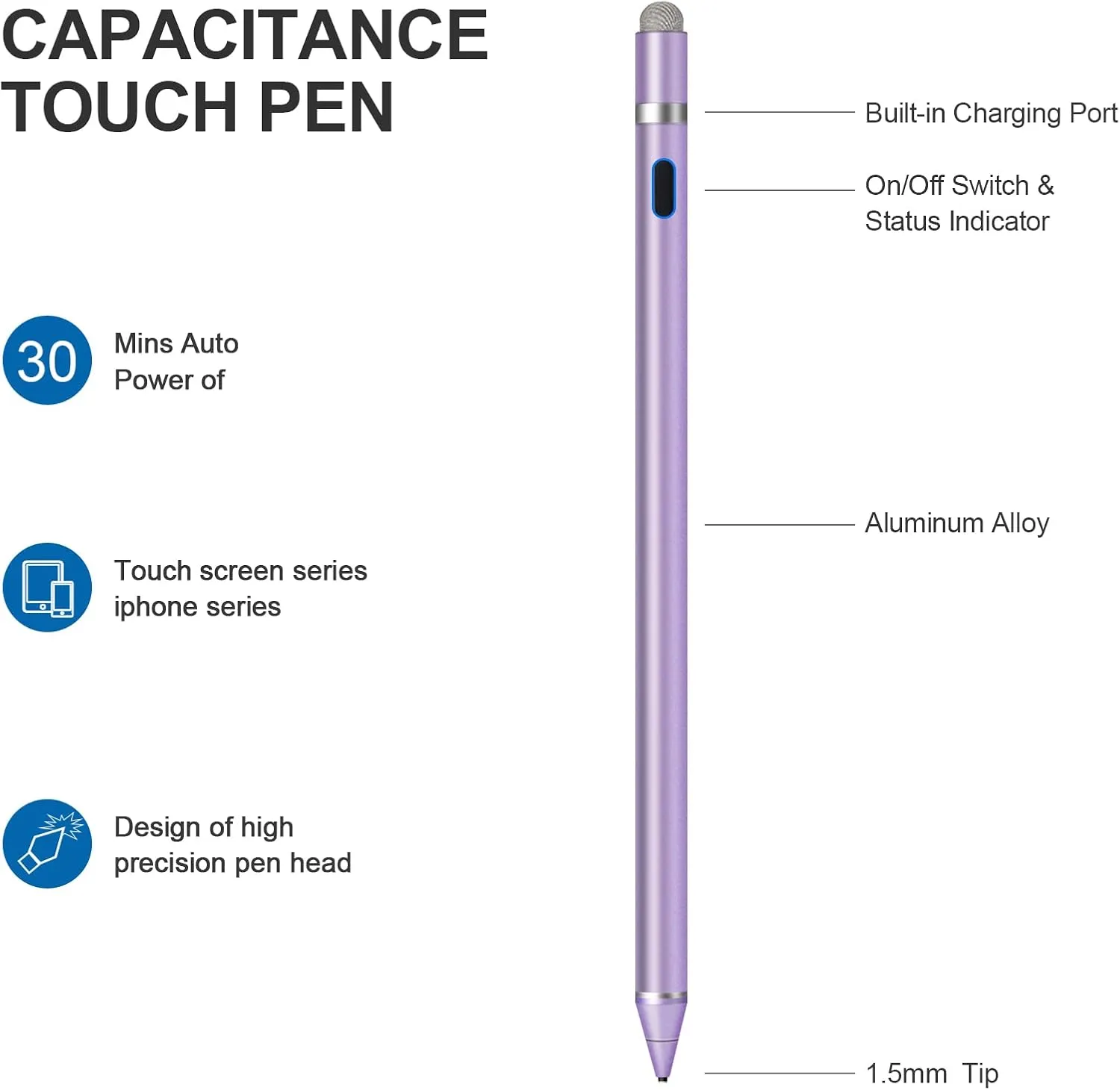 Stylus Pen for Touchscreen - 1.5mm Ultra-Fine Tip Stylus Pen for iPad Pro, Air | Magnetic Cap | 12H Battery | No Bluetooth | Compatible with iPhone, Android, Chromebook, Tablets (Purple)