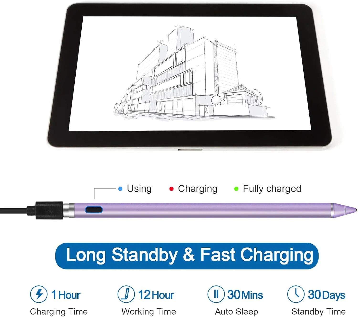 Stylus Pen for Touchscreen - 1.5mm Ultra-Fine Tip Stylus Pen for iPad Pro, Air | Magnetic Cap | 12H Battery | No Bluetooth | Compatible with iPhone, Android, Chromebook, Tablets (Purple)