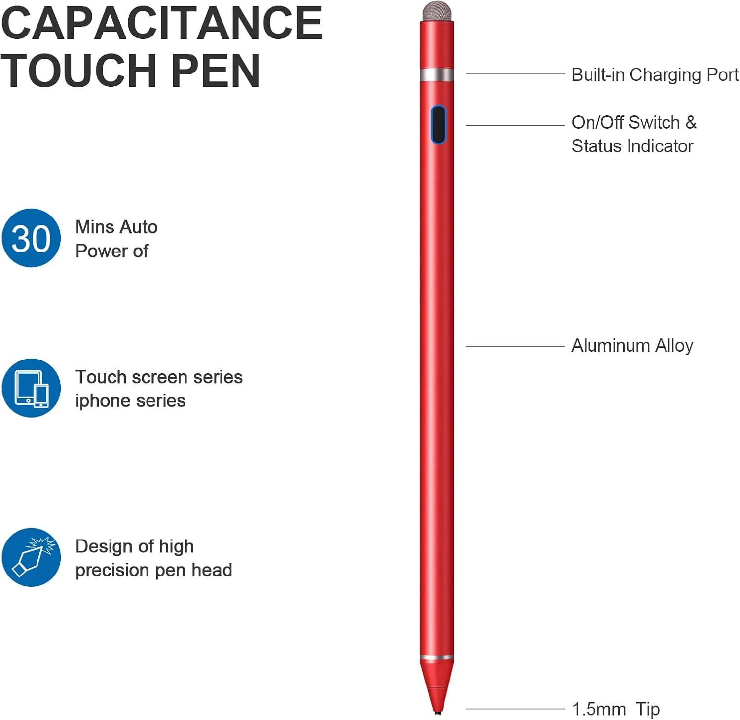 Stylus Pen for Touchscreen - 1.5mm Ultra-Fine Tip Stylus Pen for iPad Pro, Air | Magnetic Cap | 12H Battery | No Bluetooth | Compatible with iPhone, Android, Chromebook, Tablets (red)