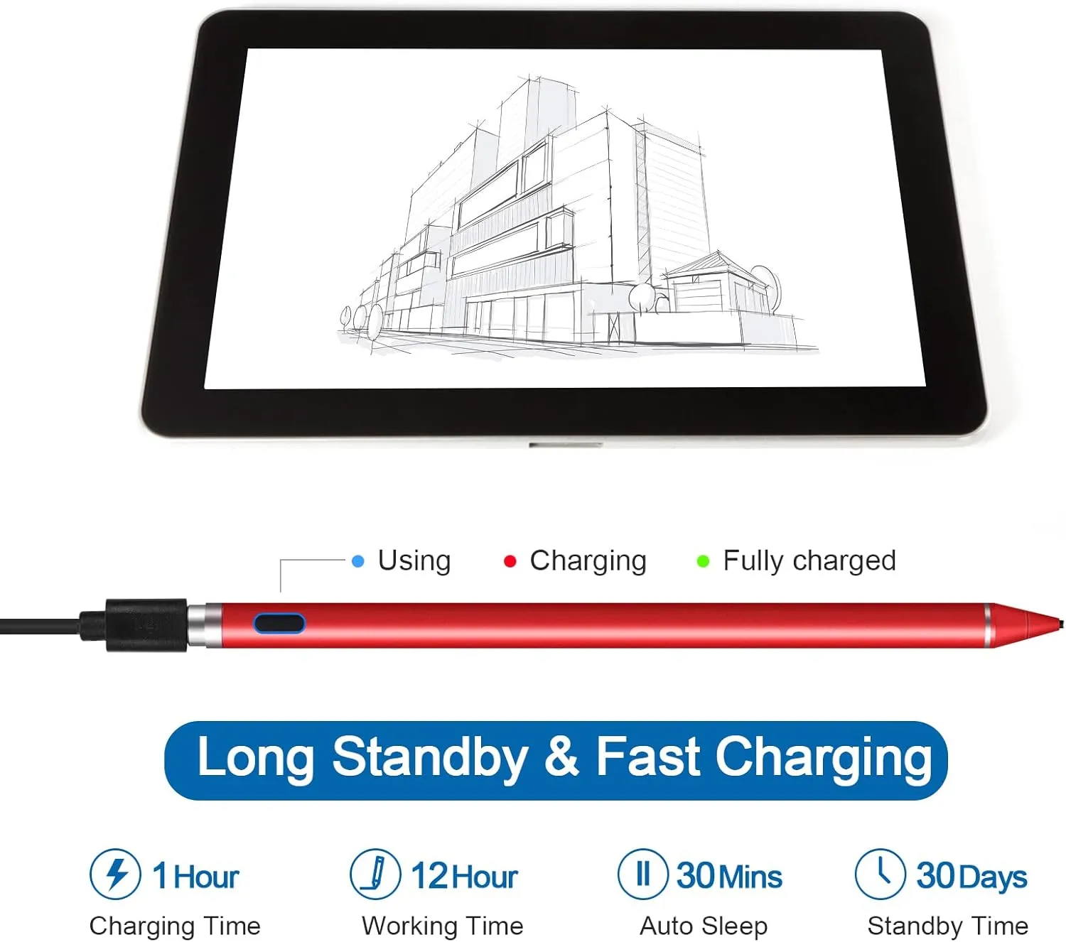 Stylus Pen for Touchscreen - 1.5mm Ultra-Fine Tip Stylus Pen for iPad Pro, Air | Magnetic Cap | 12H Battery | No Bluetooth | Compatible with iPhone, Android, Chromebook, Tablets (red)