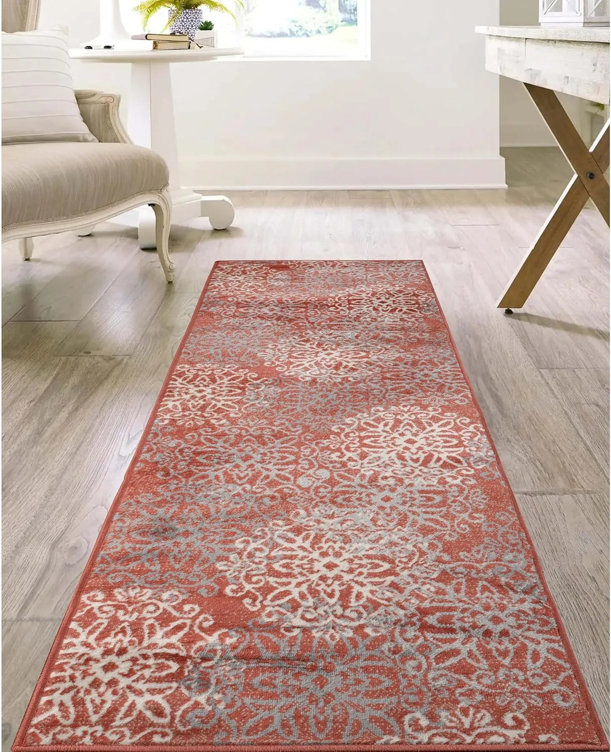 Superior Indoor Runner Rug, Jute Backed, Perfect for Entryway, Office, Living/Dining Room, Bedroom, Kitchen, Hardwood Floor, Floral Scroll Decor, Leigh Collection, 2' 7" x 8', Ginger