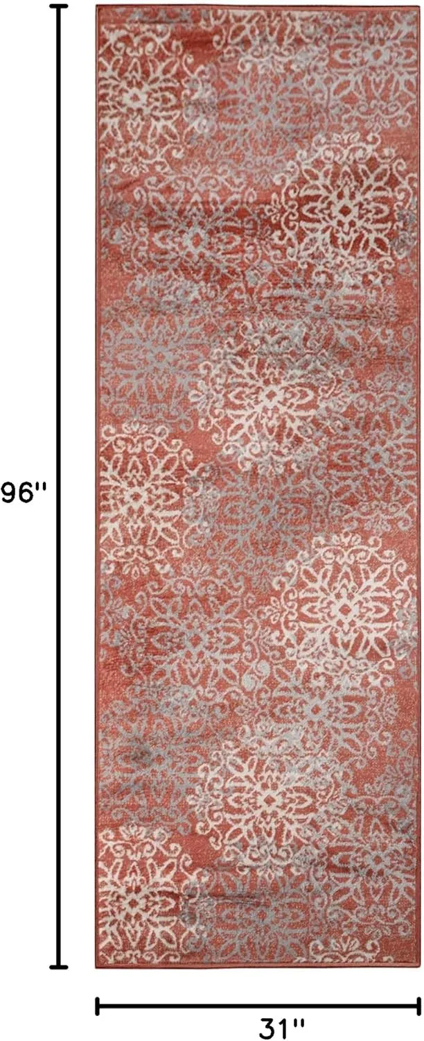 Superior Indoor Runner Rug, Jute Backed, Perfect for Entryway, Office, Living/Dining Room, Bedroom, Kitchen, Hardwood Floor, Floral Scroll Decor, Leigh Collection, 2' 7" x 8', Ginger