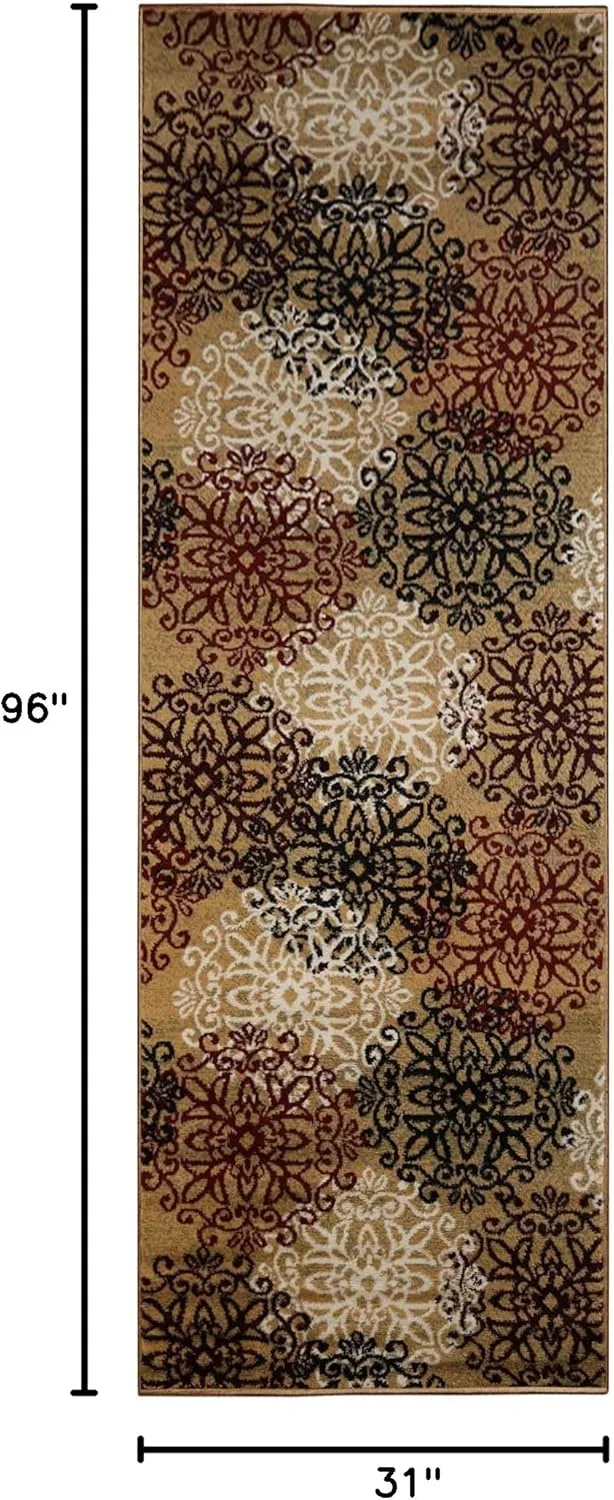Superior Indoor Runner Rug, Jute Backed, Perfect for Entryway, Office, Living/Dining Room, Bedroom, Kitchen, Hardwood Floor, Floral Scroll Decor, Leigh Collection, 2' 7" x 8', Gold