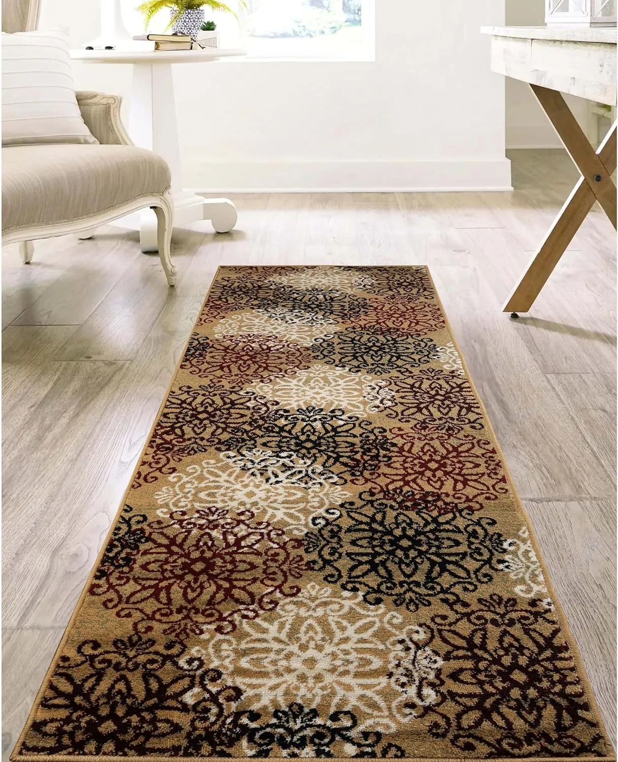 Superior Indoor Runner Rug, Jute Backed, Perfect for Entryway, Office, Living/Dining Room, Bedroom, Kitchen, Hardwood Floor, Floral Scroll Decor, Leigh Collection, 2' 7" x 8', Gold