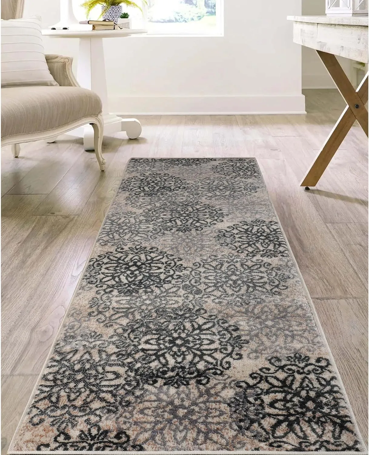 Superior Indoor Runner Rug, Jute Backed, Perfect for Entryway, Office, Living/Dining Room, Bedroom, Kitchen, Hardwood Floor, Floral Scroll Decor, Leigh Collection, 2' 7" x 8', Oatmeal