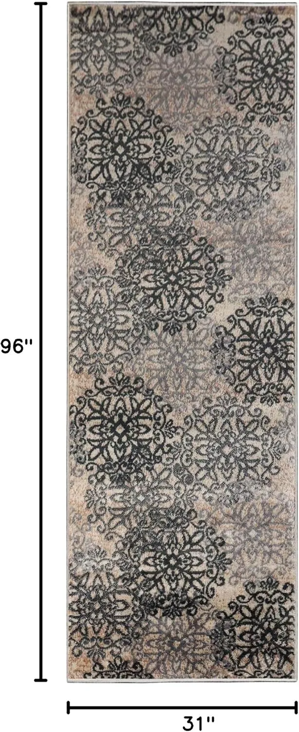 Superior Indoor Runner Rug, Jute Backed, Perfect for Entryway, Office, Living/Dining Room, Bedroom, Kitchen, Hardwood Floor, Floral Scroll Decor, Leigh Collection, 2' 7" x 8', Oatmeal