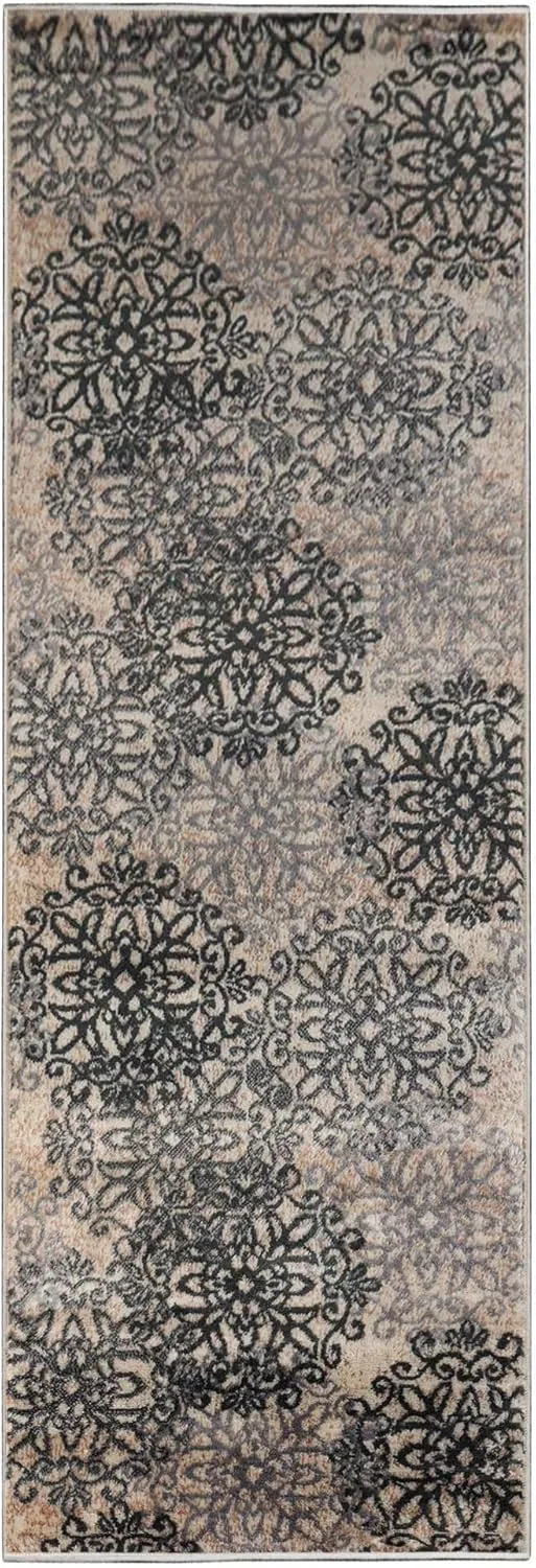 Superior Indoor Runner Rug, Jute Backed, Perfect for Entryway, Office, Living/Dining Room, Bedroom, Kitchen, Hardwood Floor, Floral Scroll Decor, Leigh Collection, 2' 7" x 8', Oatmeal