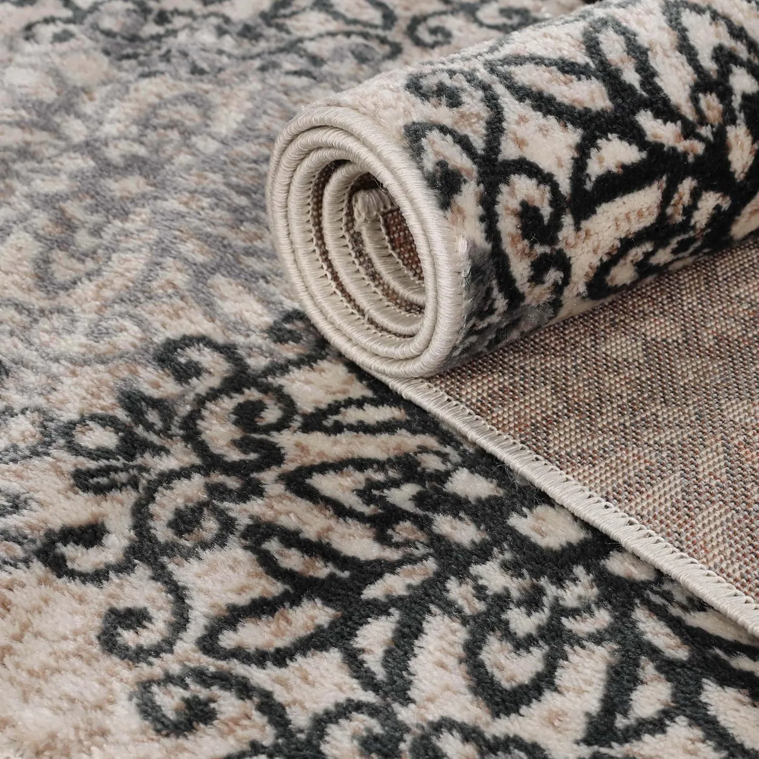 Superior Indoor Runner Rug, Jute Backed, Perfect for Entryway, Office, Living/Dining Room, Bedroom, Kitchen, Hardwood Floor, Floral Scroll Decor, Leigh Collection, 2' 7" x 8', Oatmeal