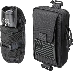 Tactical Flashlight Pouch Holster with Tactical Backpack Accessories Pouch, Rotatable Flashlight Holder Belt Clip Tactical Torch Carry Case Molle Accessories Shoulder Strap Attachment Pouches