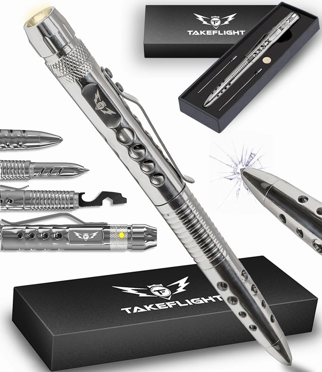 Tactical Pen - Self Defense Pen with Flashlight - Tactical Flashlight Multi Tool Survival Pen   Glass Breaker   Bottle Opener in Gift Box for Men & Women