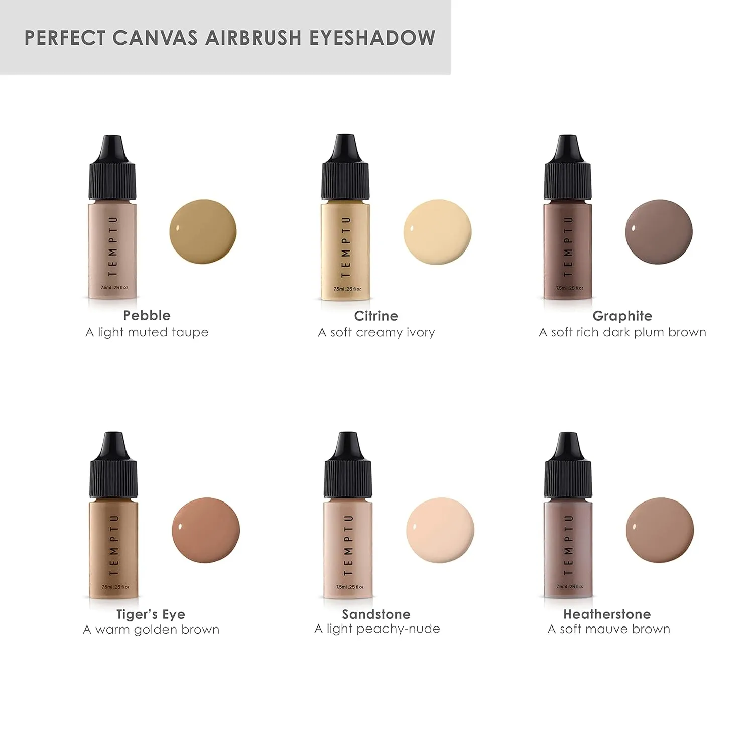 Temptu Perfect Canvas Airbrush Eyeshadow Bottle: Long-lasting, Quick-Setting Cream-To-Matte Eyeshadows, Neutral, Earth-Toned Palette, 6 Shades