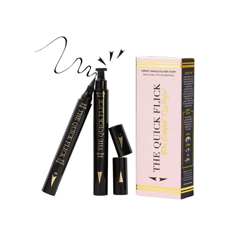 The Quick Flick Winged Eyeliner Stamp – Waterproof & Smudge Proof Vegan Cat Eye Stamp Eyeliner – 3mm Thick Winged Stamp & 8mm Petite Felt-Tip Liquid Hypoallergenic Eyeliner Pen (Intense Black-2 Pen)