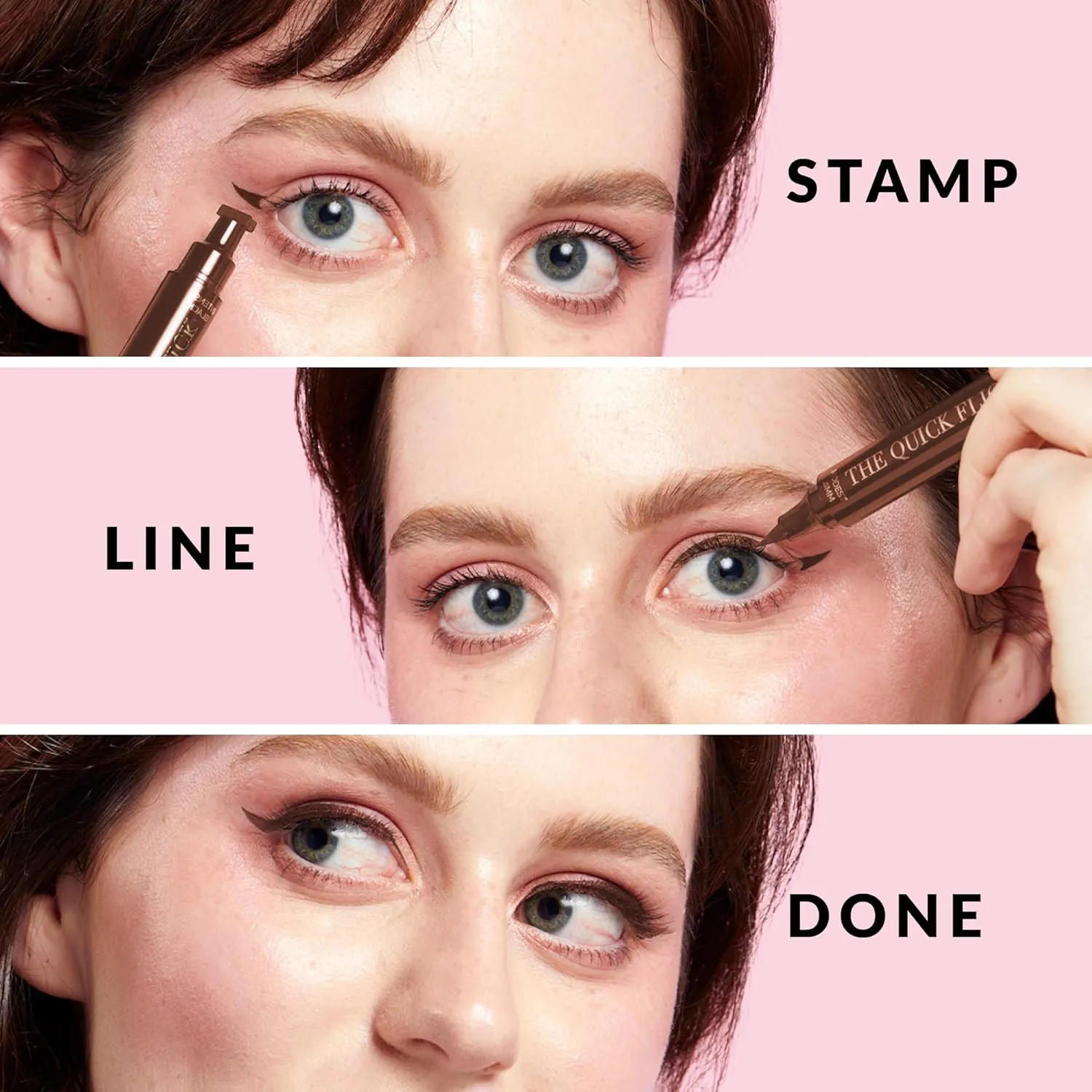 The Quick Flick Winged Eyeliner Stamp – Waterproof & Smudge Proof Vegan Cat Eye Stamp Eyeliner – 4mm Thick Winged Stamp & 10mm Modest Felt-Tip Liquid Hypoallergenic Eyeliner Pen (Hot Fudge-2 Pen)