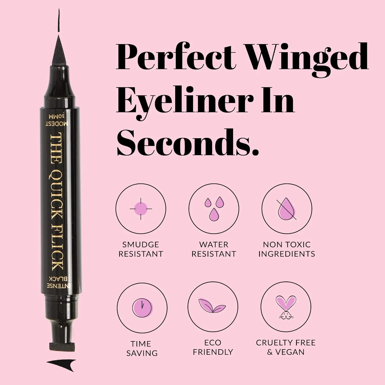 The Quick Flick Winged Eyeliner Stamp – Waterproof & Smudge Proof Vegan Cat Eye Stamp Eyeliner – 4mm Thick Winged Stamp & 10mm Modest Felt-Tip Liquid Hypoallergenic Eyeliner Pen (Hot Fudge-2 Pen)