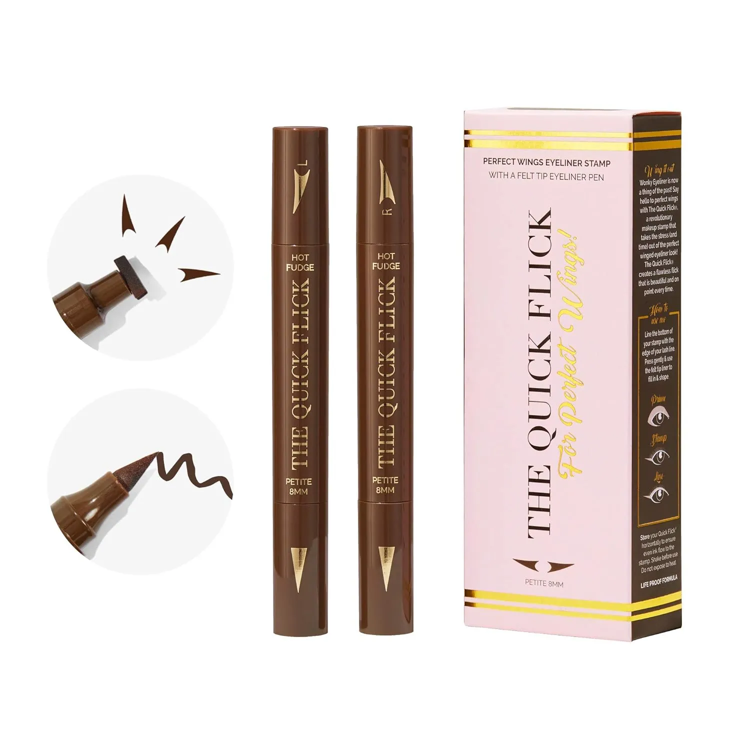 The Quick Flick Winged Eyeliner Stamp – Waterproof & Smudge Proof Vegan Cat Eye Stamp Eyeliner – 4mm Thick Winged Stamp & 10mm Modest Felt-Tip Liquid Hypoallergenic Eyeliner Pen (Hot Fudge-2 Pen)