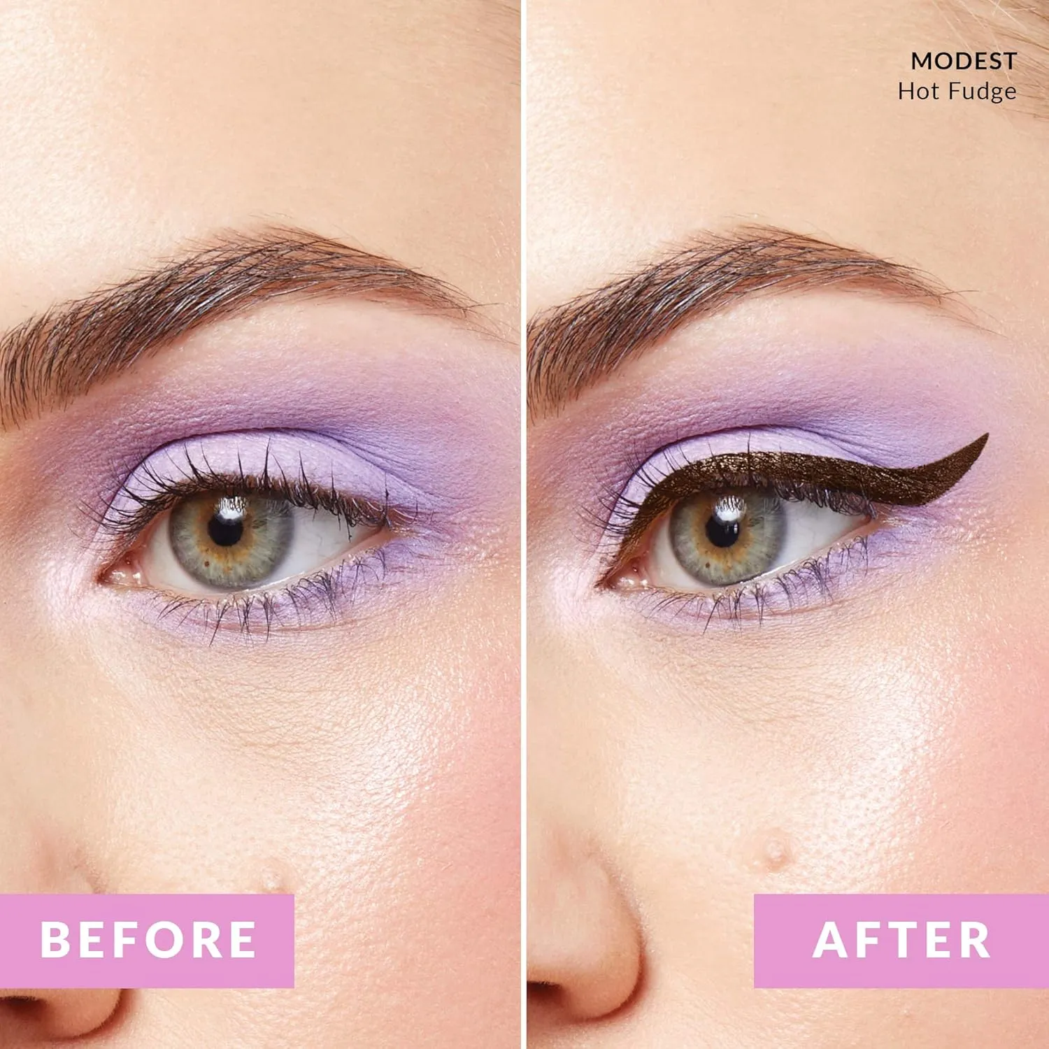 The Quick Flick Winged Eyeliner Stamp – Waterproof & Smudge Proof Vegan Cat Eye Stamp Eyeliner – 4mm Thick Winged Stamp & 10mm Modest Felt-Tip Liquid Hypoallergenic Eyeliner Pen (Hot Fudge-2 Pen)