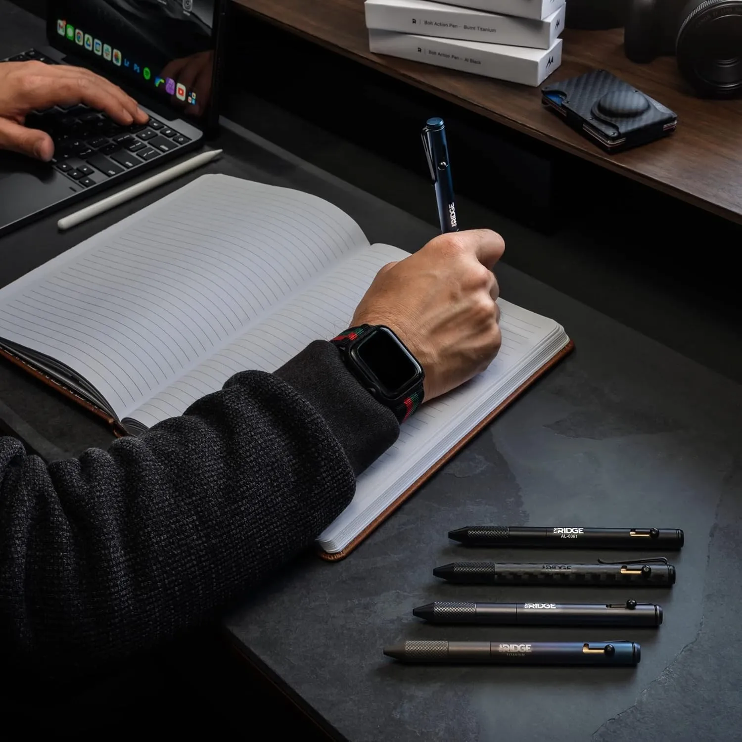 The Ridge Bolt Action Ballpoint Pen | Metal Retractable Compact Writing Instrument | Textured Grip & Internal Pressurized Refill | Aluminum Gunmetal