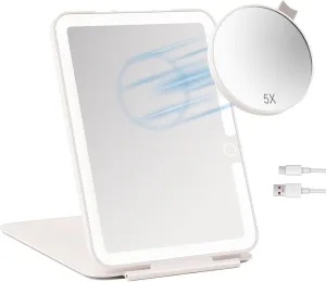 Travel Makeup Mirror with Lights, Rechargeable Portable Lighted Mirror, 3 Color Light Dimmable Touch Screen, 1X Light up Vanity Mirror with 5X Magnifying Mirror, Travel Essential